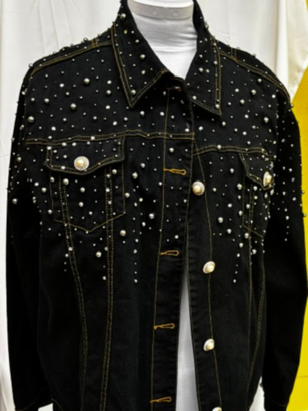 Quacker Factory black denim jacket with faux pearl and rhinestones